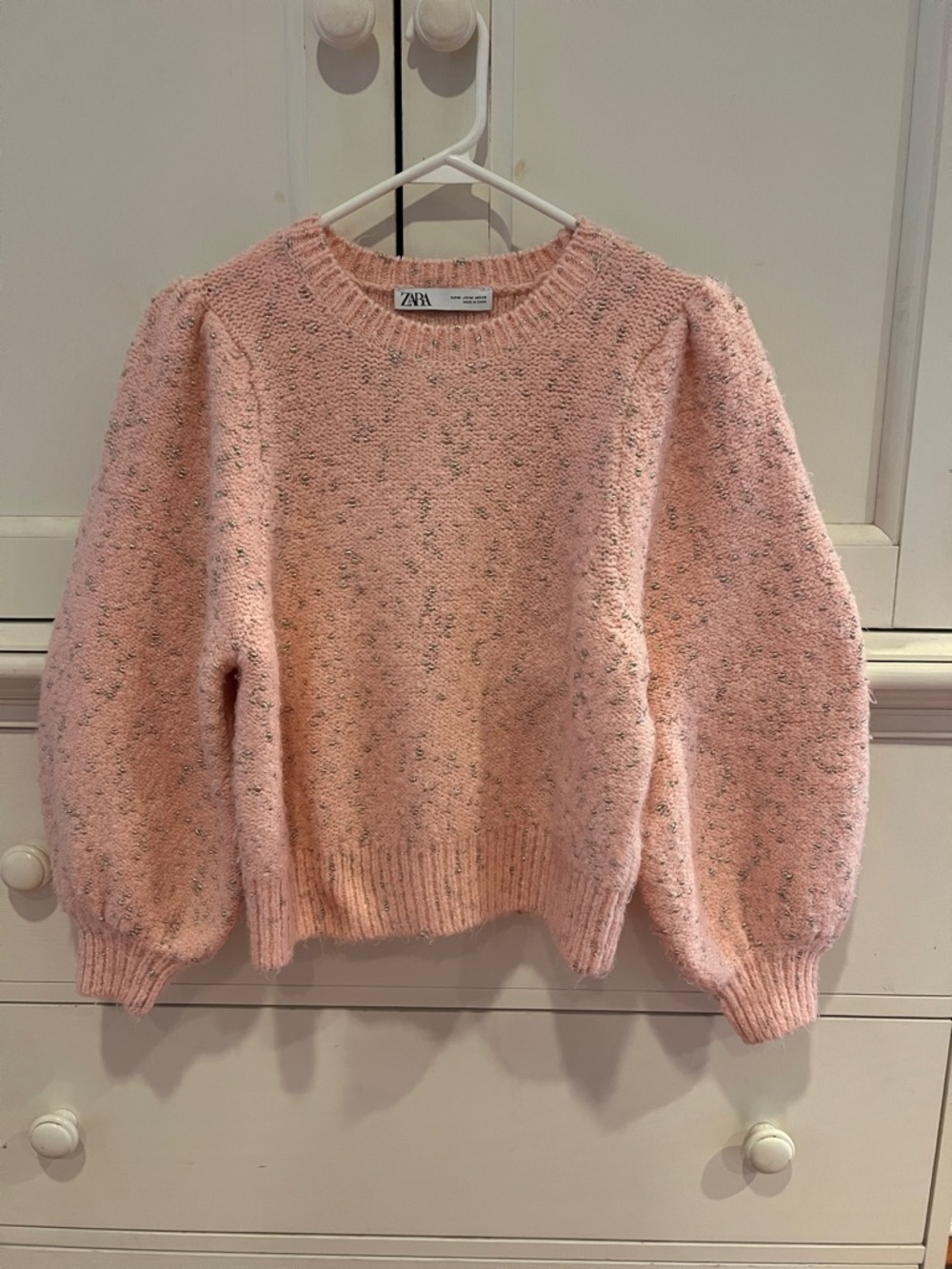 Zara Soft Pink Speckled Balloon-Sleeve Crewneck Sweater